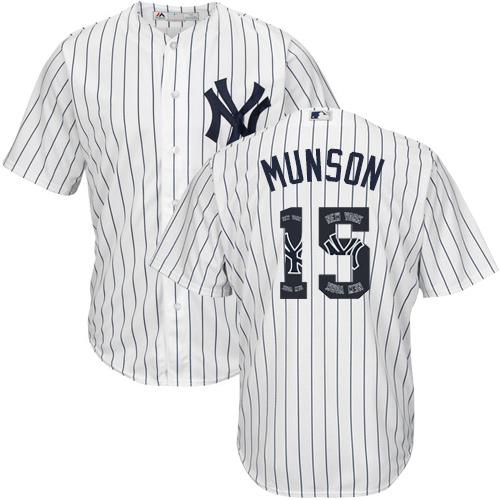 Yankees #15 Thurman Munson White Strip Team Logo Fashion Stitched MLB Jersey - Click Image to Close